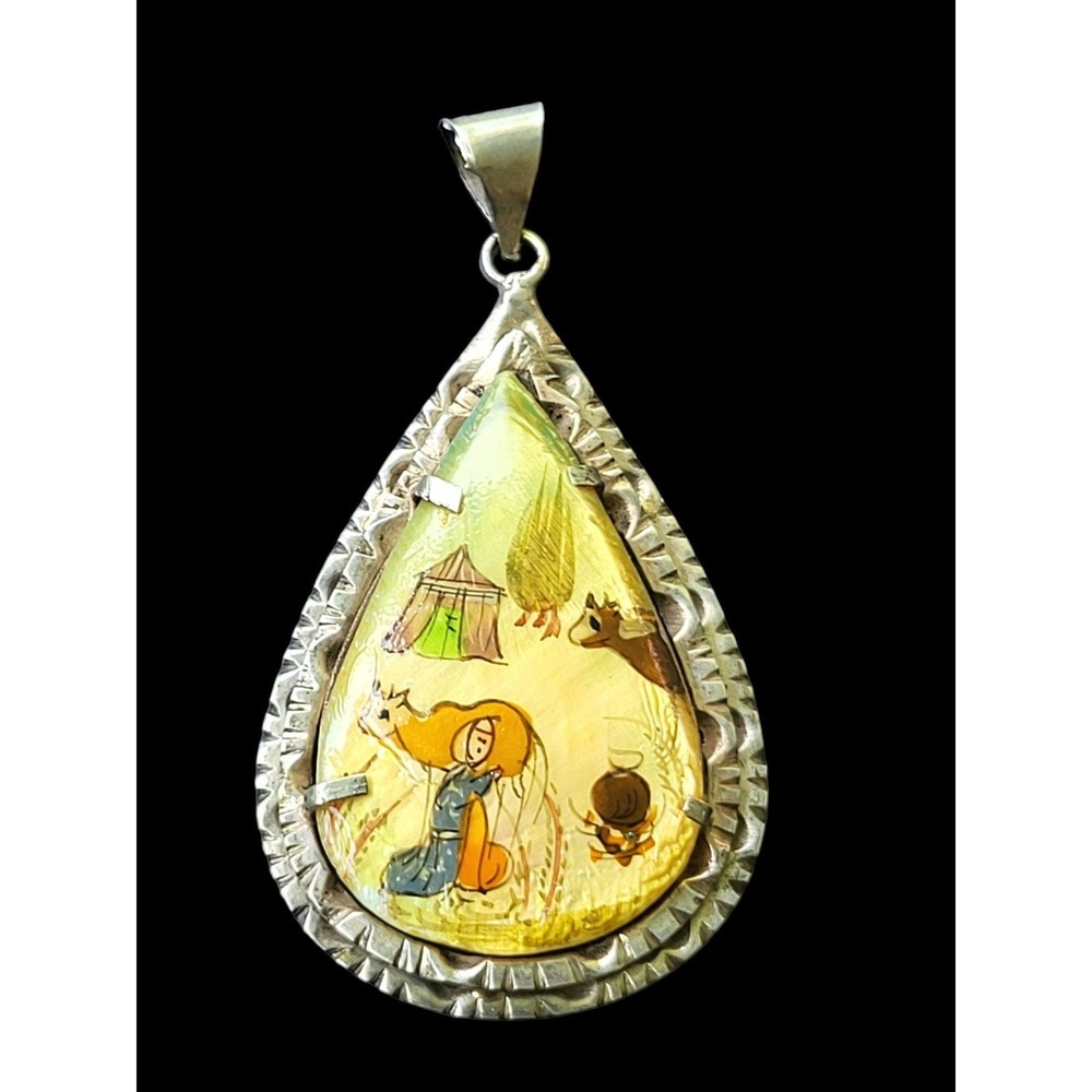 Vintage Persian Hand-Painted Mother Of Pearl Teardrop Storyteller Pendant Silver